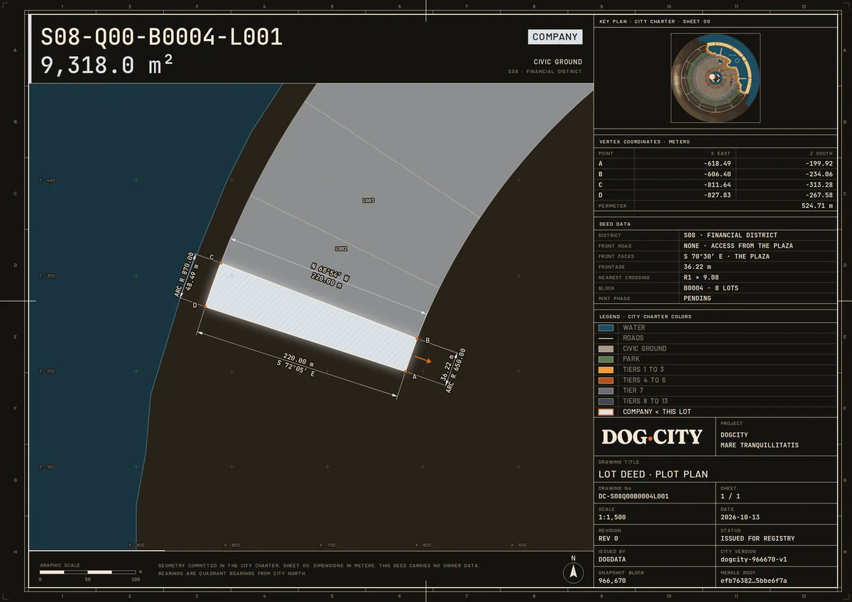 Specimen of a lot deed: the lot drawn as a surveyor's plat over its surroundings, with the key plan of the city, the vertex coordinates, the deed data and the stamp.